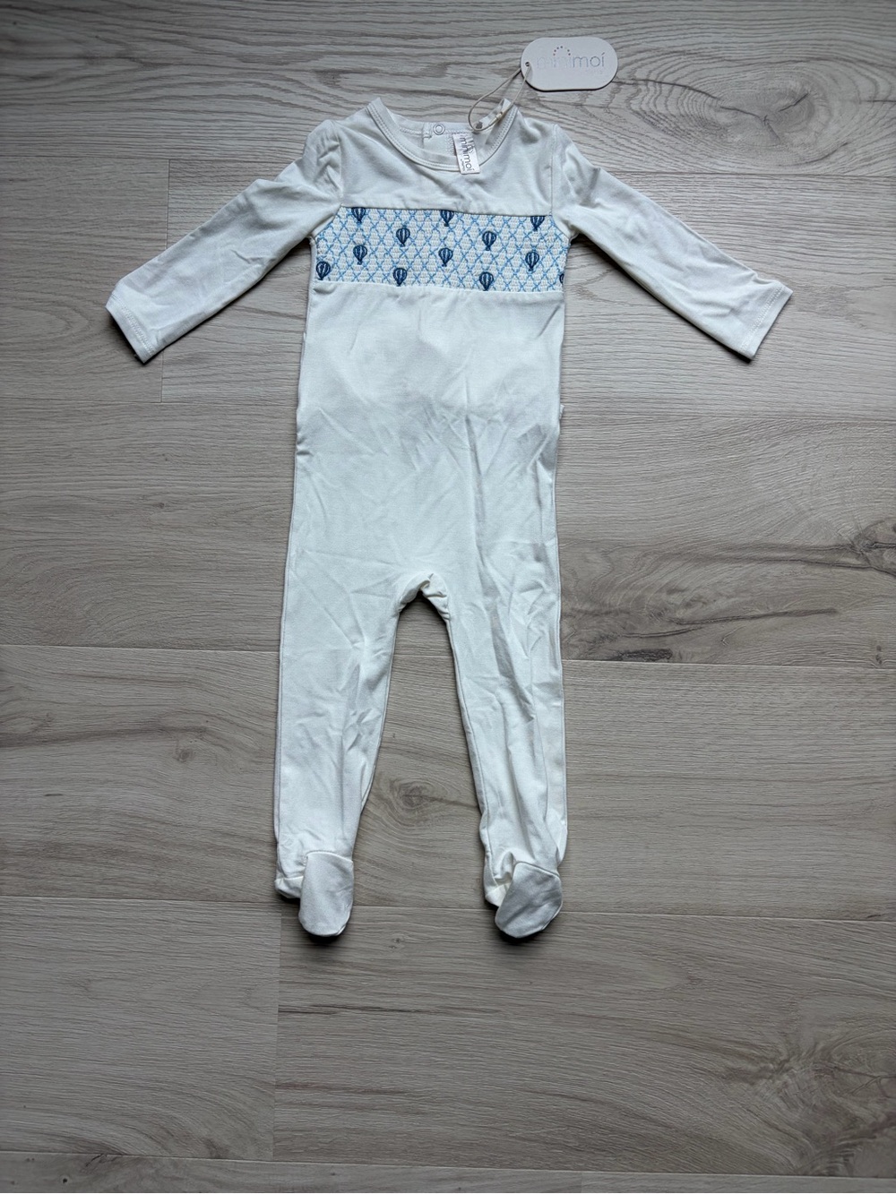 White Baby boy sleeper with Blue Smocked hot air balloons boutique